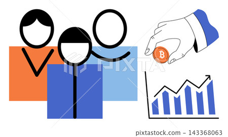 People with bitcoin and growth chart vector illustration. Investment, finance, cryptocurrency, digital currency, wealth management, market growth. Group of individuals holding crypto coin 143368063