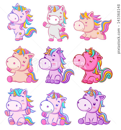Adorable cartoon unicorn collection featuring cute fantasy pony characters with rainbow mane and pastel colors Adorable cartoon unicorn collection featuring cute fantasy pony characters with rainbow mane and pastel colors 143368148