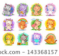 Collection of cute cat cartoon characters in various poses, expressions, activities, and colorful styles. 143368157