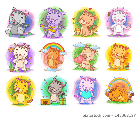 Collection of cute cat cartoon characters in various poses, expressions, activities, and colorful styles. 143368157