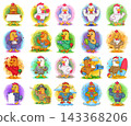 Collection of colorful cartoon chicken characters shown in various professions, activities, and poses 143368206
