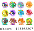 Collection of cute colorful cartoon birds with different shapes and expressions, surrounded by playful rainbow, floral, and nature elements 143368207