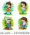Cute cartoon children enjoying outdoor activities and colorful nature backgrounds. Cheerful child characters suitable for educational materials 143368208