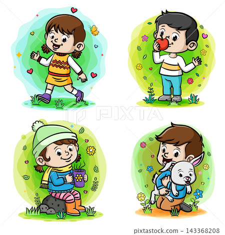 Cute cartoon children enjoying outdoor activities and colorful nature backgrounds. Cheerful child characters suitable for educational materials Cute cartoon children enjoying outdoor activities and colorful nature backgrounds. Cheerful child characters suitable for educational materials 143368208