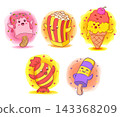 Colorful cartoon illustration featuring ice cream, popcorn, candy, and other sweet snack treats with playful shapes and cheerful expressions 143368209