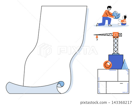 Blank paper roll with construction crane and father playing with child vector illustration. Education, childhood, development, building, creativity, parenting. Empty scroll and family activity Blank paper roll with construction crane and father playing with child vector illustration. Education, childhood, development, building, creativity, parenting. Empty scroll and family activity 143368217