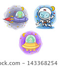 Cute cartoon alien and astronaut characters in a colorful space-themed illustration with playful expressions and imaginative details 143368254