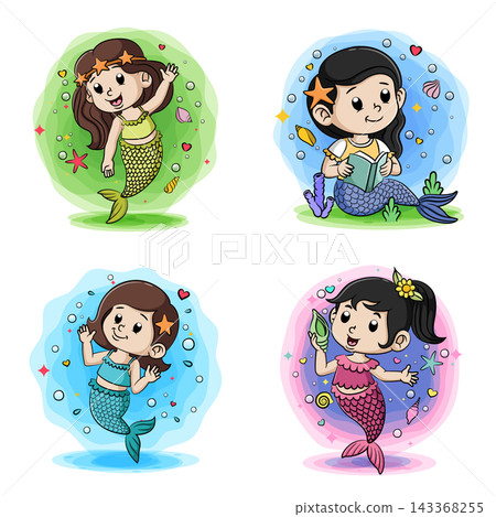 Collection of cute mermaid cartoon characters featuring colorful designs and playful underwater fantasy themes 143368255