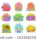 Colorful cartoon collection of friendly sea animals including crab, jellyfish, octopus, shellfish, fish, turtle, seahorse, and starfish surrounded by coral, seaweed, and bubbles. Playful underwater il 143368258