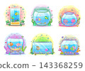 Collection of cute cartoon fish and aquatic characters displayed in a colorful aquarium setting. Clean vector-style illustrations featuring playful underwater elements 143368259
