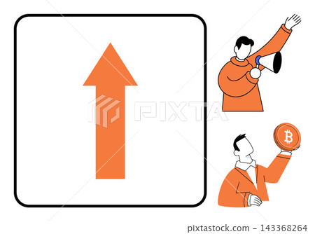 Upward arrow with a man holding a bitcoin and a person using a megaphone vector illustration. Finance, investment, marketing, promotion, growth, cryptocurrency. Rising market trend icon Upward arrow with a man holding a bitcoin and a person using a megaphone vector illustration. Finance, investment, marketing, promotion, growth, cryptocurrency. Rising market trend icon 143368264