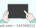 An illustration of someone holding a tablet with both hands and touching the screen. 143368312