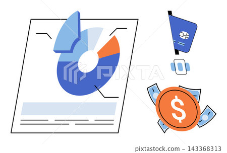 Financial report with pie chart and currency symbols vector illustration. Business analysis, investment strategy, banking services, economic growth, market research, money management. Document 143368313