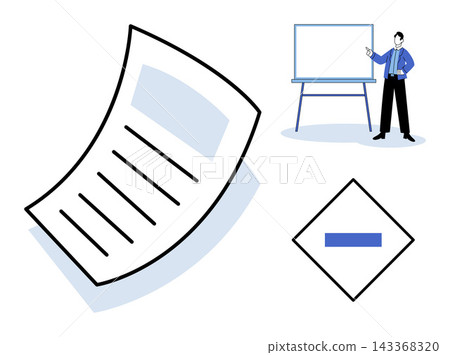 Business document, presenter at whiteboard, and minus sign vector illustration. Corporate training, financial analysis, data reporting, project management, office tasks, subtraction. Paper sheet Business document, presenter at whiteboard, and minus sign vector illustration. Corporate training, financial analysis, data reporting, project management, office tasks, subtraction. Paper sheet 143368320