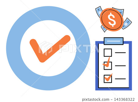 Checkmark icon with a clipboard checklist and money coin vector illustration. Task management, financial approval, business success, project completion, payment processing, verified status. Verified Checkmark icon with a clipboard checklist and money coin vector illustration. Task management, financial approval, business success, project completion, payment processing, verified status. Verified 143368322