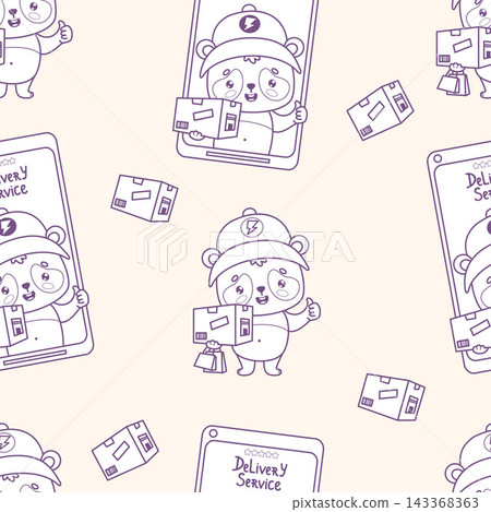 Outline Kawaii Panda Courier on Phone Screen Seamless Pattern. Delivery Service. Bear Mascot Cartoon Character with Parcel Box and Thumbs Up on Light Background. Vector Illustration. Line Art Coloring 143368363