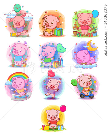 Cute pig cartoon character collection colorful vector illustration set 143368379