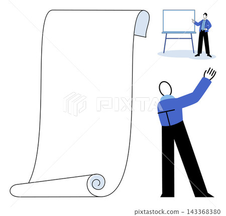 Business presentation template with blank paper scroll and speaker vector illustration. Corporate training, educational seminar, marketing strategy, project planning, office meeting, visual aid Business presentation template with blank paper scroll and speaker vector illustration. Corporate training, educational seminar, marketing strategy, project planning, office meeting, visual aid 143368380