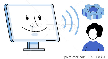 Computer screen with a smiling face icon and gear symbol next to a person vector illustration. Technology, artificial intelligence, software development, user interface, digital support, automation 143368381