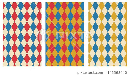 Circus seamless pattern. Harlequin lozenge backgrounds. Vector illustration. Checkered diamond textures. Set blue red yellow rhombus plaid prints. Modern argyle geometric backdrops. Circus seamless pattern. Harlequin lozenge backgrounds. Vector illustration. Checkered diamond textures. Set blue red yellow rhombus plaid prints. Modern argyle geometric backdrops. 143368440