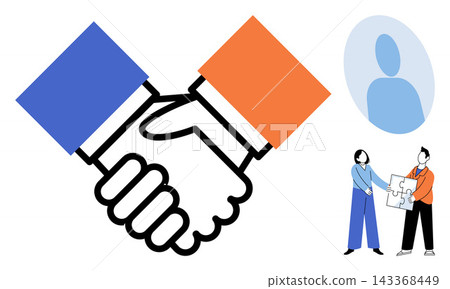Handshake and people connecting puzzle pieces vector illustration. Collaboration, business partnership, teamwork, problem solving, corporate unity, professional networking. Agreement and cooperation Handshake and people connecting puzzle pieces vector illustration. Collaboration, business partnership, teamwork, problem solving, corporate unity, professional networking. Agreement and cooperation 143368449
