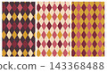 Circus seamless pattern. Harlequin lozenge backgrounds. Vector illustration. Checkered orange, red diamond textures. Set rhombus plaid prints. Modern argyle geometric backdrops. 143368488