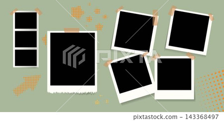 Blank photo frames collage set. Mood green board template Self care with arrows and stars. Vector illustration Blank photo frames collage set. Mood green board template Self care with arrows and stars. Vector illustration 143368497