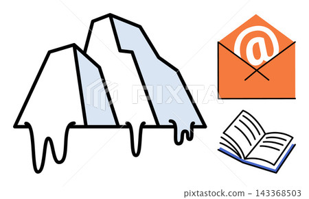 Melting iceberg, email envelope, and open book vector illustration. Climate change, global warming, digital communication, education, environmental awareness, information access. Glacial thaw Melting iceberg, email envelope, and open book vector illustration. Climate change, global warming, digital communication, education, environmental awareness, information access. Glacial thaw 143368503