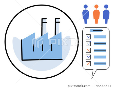 Factory building icon with a checklist and people icons vector illustration. Manufacturing standards, quality control, industrial audit, production monitoring, safety inspection, workflow management Factory building icon with a checklist and people icons vector illustration. Manufacturing standards, quality control, industrial audit, production monitoring, safety inspection, workflow management 143368545