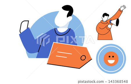 People using a megaphone and sales tags vector illustration. Advertising, promotion, customer feedback, marketing strategy, retail shopping, brand awareness. Characters with promotional tools People using a megaphone and sales tags vector illustration. Advertising, promotion, customer feedback, marketing strategy, retail shopping, brand awareness. Characters with promotional tools 143368548