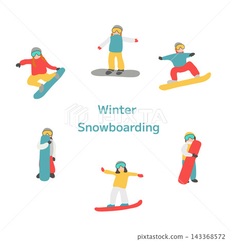 一群人正在享受單板滑雪的樂趣。 一群人正在享受單板滑雪的樂趣。 143368572