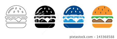 Four stylized burger icons in outline silhouette blue with offering range visual styles iconic food item displays four distinct stylized representations burger Four stylized burger icons in outline silhouette blue with offering range visual styles iconic food item displays four distinct stylized representations burger 143368588
