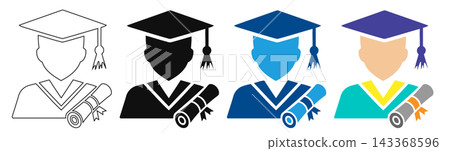 Graduation icon set outline silhouette and color variations with diploma with two stylized color versions blue multi color palettes showcases four distinct icon variations graduating student Graduation icon set outline silhouette and color variations with diploma with two stylized color versions blue multi color palettes showcases four distinct icon variations graduating student 143368596
