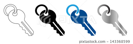 Set of four key icons in different styles including outline solid black blue and gradient silver arranged horizontally with All keys depicted circular loop top serrated bit bottom Set of four key icons in different styles including outline solid black blue and gradient silver arranged horizontally with All keys depicted circular loop top serrated bit bottom 143368599