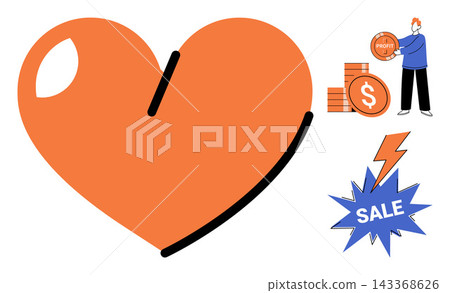 Heart shape with a person saving money and a sale flash symbol vector illustration. Finance, shopping, savings, commerce, marketing, discount. Love icon with investor and promotion sign Heart shape with a person saving money and a sale flash symbol vector illustration. Finance, shopping, savings, commerce, marketing, discount. Love icon with investor and promotion sign 143368626