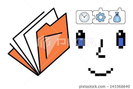 Open folder and pixel face with time gear and money icons vector illustration. Project management, task organization, financial planning, efficiency, strategy, business development. Document storage 143368640