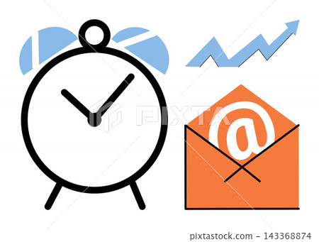 Alarm clock email envelope and growth chart vector illustration. Productivity, time management, business growth, communication, deadline, marketing strategy. Chronometer message and graph Alarm clock email envelope and growth chart vector illustration. Productivity, time management, business growth, communication, deadline, marketing strategy. Chronometer message and graph 143368874