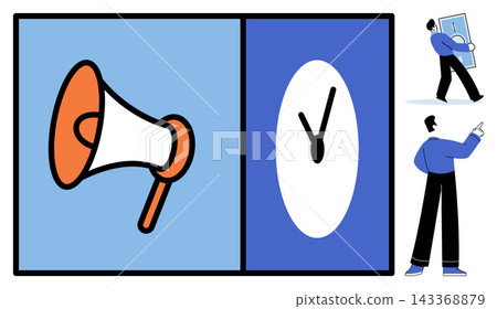 Megaphone and clock icons with business people vector illustration. Marketing, deadline, productivity, announcement, planning, efficiency. Loudspeaker and watch symbols with office workers Megaphone and clock icons with business people vector illustration. Marketing, deadline, productivity, announcement, planning, efficiency. Loudspeaker and watch symbols with office workers 143368879