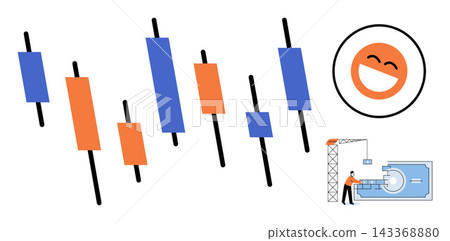 Financial candlestick chart with a happy emotion and a construction worker vector illustration. Trading, investment, market analysis, construction, development, progress. Stock market graph Financial candlestick chart with a happy emotion and a construction worker vector illustration. Trading, investment, market analysis, construction, development, progress. Stock market graph 143368880