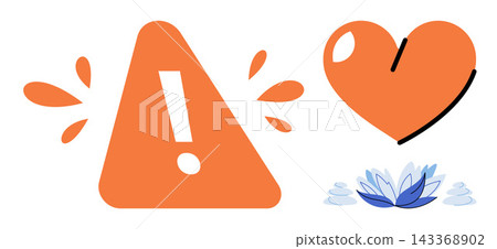 Warning sign and heart icon vector illustration. Healthcare, wellness, mindfulness, safety, balance, emotional support. Alert symbol and love shape graphic elements for medical design Warning sign and heart icon vector illustration. Healthcare, wellness, mindfulness, safety, balance, emotional support. Alert symbol and love shape graphic elements for medical design 143368902