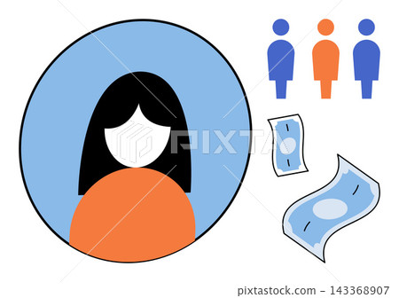 Female profile icon with group of people and flying money vector illustration. Recruitment, payroll, salary, hiring, human resources, compensation. Woman avatar with team and cash Female profile icon with group of people and flying money vector illustration. Recruitment, payroll, salary, hiring, human resources, compensation. Woman avatar with team and cash 143368907