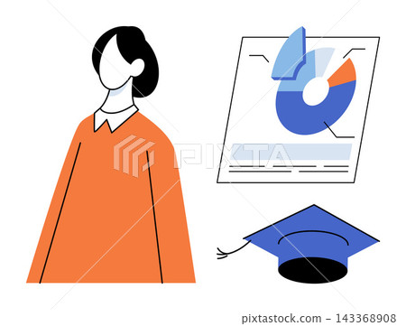 A student standing next to a data chart and graduation cap vector illustration. Academic success, career development, higher education, learning progress, professional growth, knowledge. Pupil A student standing next to a data chart and graduation cap vector illustration. Academic success, career development, higher education, learning progress, professional growth, knowledge. Pupil 143368908