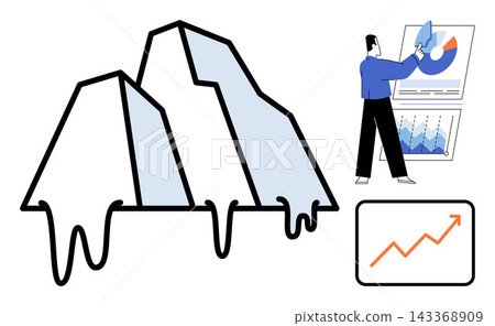 Melting iceberg with a businessman analyzing financial charts vector illustration. Climate change, economic crisis, global warming, business strategy, data analysis, market trends. Thawing glacier Melting iceberg with a businessman analyzing financial charts vector illustration. Climate change, economic crisis, global warming, business strategy, data analysis, market trends. Thawing glacier 143368909
