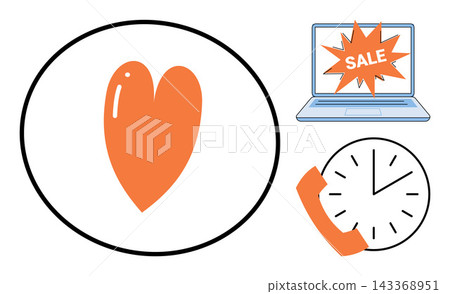 Heart icon, laptop with sale sign and clock with telephone handset vector illustration. E-commerce, time management, customer support, retail marketing, shopping, communication. Love symbol Heart icon, laptop with sale sign and clock with telephone handset vector illustration. E-commerce, time management, customer support, retail marketing, shopping, communication. Love symbol 143368951
