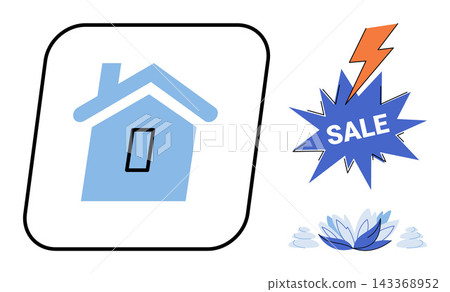 House icon with a sale burst and lotus flower vector illustration. Property marketing, discount offer, relaxation, home wellness, balance, peaceful living. Residential building symbol with lightning House icon with a sale burst and lotus flower vector illustration. Property marketing, discount offer, relaxation, home wellness, balance, peaceful living. Residential building symbol with lightning 143368952