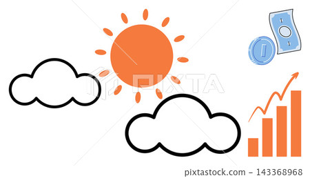 Sun clouds and financial growth icons vector illustration. Business development, market forecast, economic climate, investment strategy, profit increase, weather conditions. Sunny sky and money Sun clouds and financial growth icons vector illustration. Business development, market forecast, economic climate, investment strategy, profit increase, weather conditions. Sunny sky and money 143368968