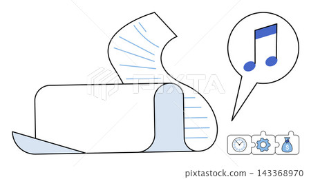 A long paper contract with a music note icon and business symbols vector illustration. Copyright, intellectual property, legal agreement, creative rights, royalty payment, media licensing. Legal A long paper contract with a music note icon and business symbols vector illustration. Copyright, intellectual property, legal agreement, creative rights, royalty payment, media licensing. Legal 143368970