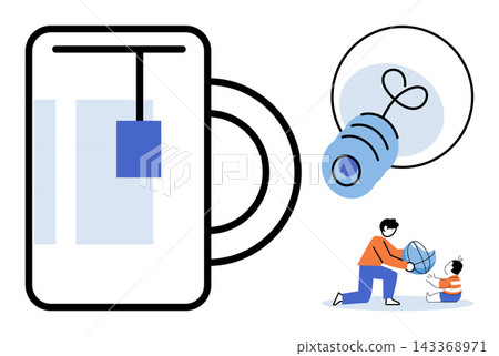 Tea cup light bulb and parent playing with child vector illustration. Creativity, parenting, family bonding, inspiration, education, childhood development. Coffee mug, idea, father, baby Tea cup light bulb and parent playing with child vector illustration. Creativity, parenting, family bonding, inspiration, education, childhood development. Coffee mug, idea, father, baby 143368971