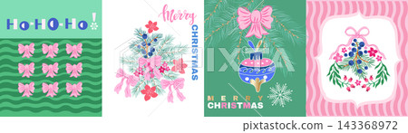 Christmas Card Set elegant festive modern style Hand-drawn cute poinsettias, holly berries, rowanberry, branches and snowflakes Vector template background illustration Christmas Card Set elegant festive modern style Hand-drawn cute poinsettias, holly berries, rowanberry, branches and snowflakes Vector template background illustration 143368972