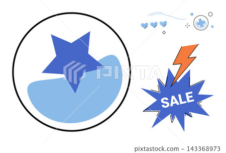 Sale promotion icons with star and lightning bolt vector illustration. Retail, marketing, discount, shopping, commerce, advertising. Promotional graphic elements star and thunderbolt Sale promotion icons with star and lightning bolt vector illustration. Retail, marketing, discount, shopping, commerce, advertising. Promotional graphic elements star and thunderbolt 143368973